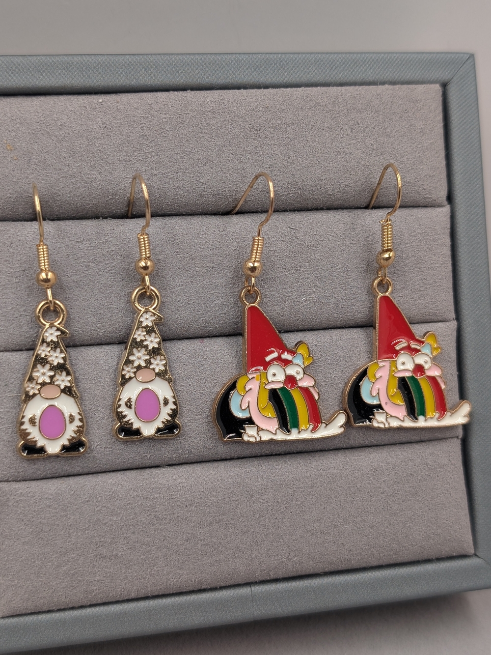 2-Pair Gnome Earrings Floral Rainbow Enamel Novelty Set | M167
